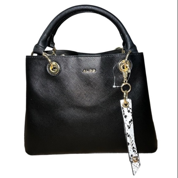 NWT Aldo Black Satchel Tote Bag with White|Black Snake Skin Bag Charm - Picture 14 of 14